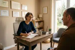 Consultante en psychopraticien en séance, écrivant des notes lors d’un entretien empathique.