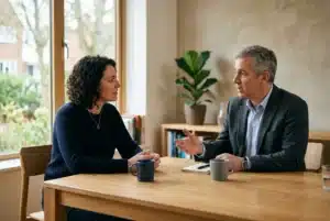 Deux adultes en discussion autour d’une table, lors d’un entretien calme, symbolisant une analyse transactionnelle et des échanges relationnels.
