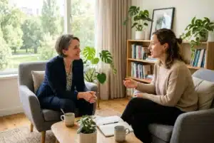Deux femmes discutent chaleureusement dans un salon lumineux, assises sur des canapés, face à face, avec un cahier et des tasses sur la table; ambiance conviviale propice à la communication. Programmation neuro-linguistique en toile de fond.