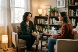 Deux femmes discutent en tête-à-tête dans un salon, pratique d’écoute active définition et échange calme.
