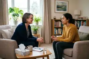Deux femmes en entretien thérapeutique, assises face à face dans un salon, échange attentif près d’une table avec carnet et boîtes de tissues. alliance thérapeutique définition visuelle d’un cadre sûr et bienveillant.