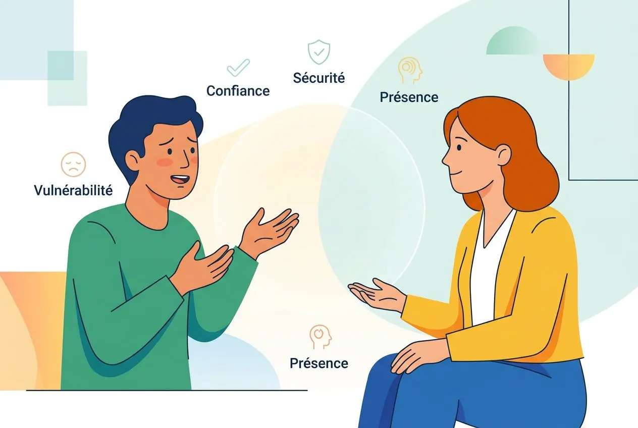 Deux personnes en conversation calme, gestes ouverts et regards bienveillants, symboles d’écoute active définition et présence.