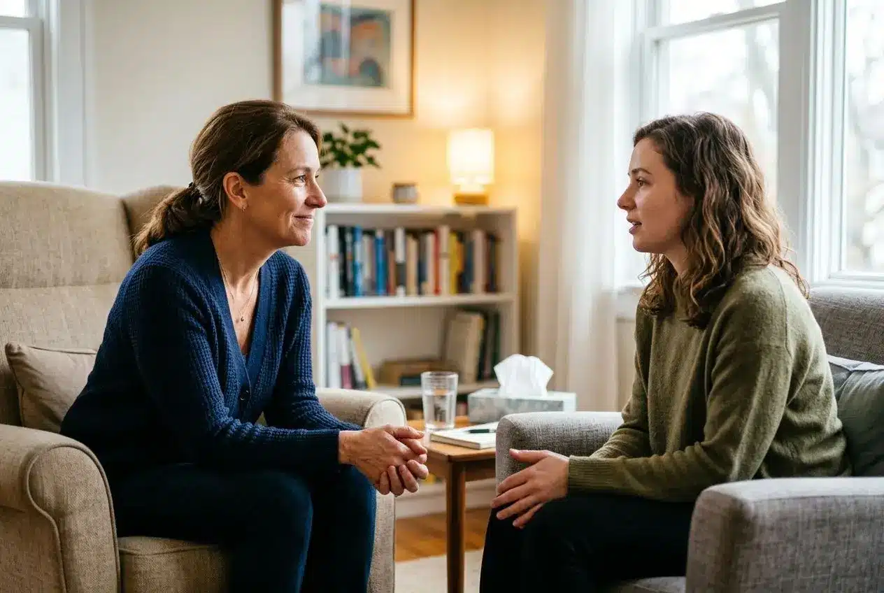 Deux personnes en séance thérapeutique se parlent face à face dans un salon, échange calme et attentif. alliance thérapeutique définition évoquée visuellement par la relation de soutien et de confiance.