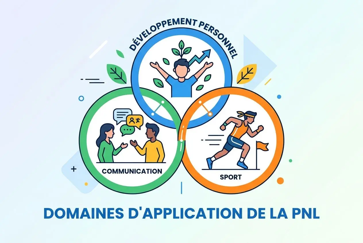 Diagramme illustrant les domaines d’application de la PNL : communication, développement personnel et sport, avec trois cercles interconnectés. Programmation neuro-linguistique présentée comme méthode de transformation personnelle.