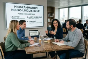 Groupe de professionnels en réunion autour d’une table, présentateur expliquant les "4 piliers de la PNL" sur un grand écran affichant le contenu du cours.