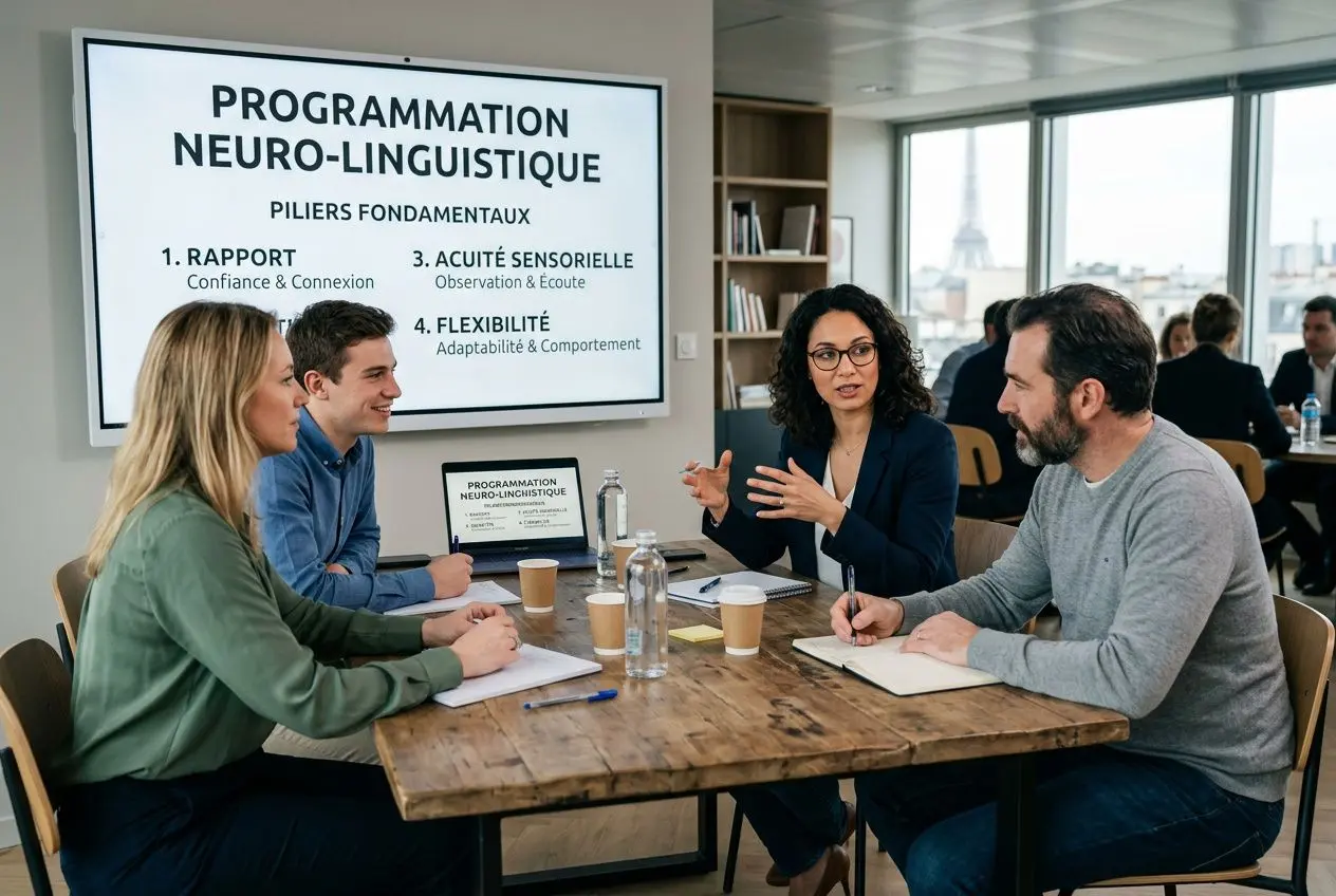 Groupe de professionnels en réunion autour d’une table, présentateur expliquant les "4 piliers de la PNL" sur un grand écran affichant le contenu du cours.