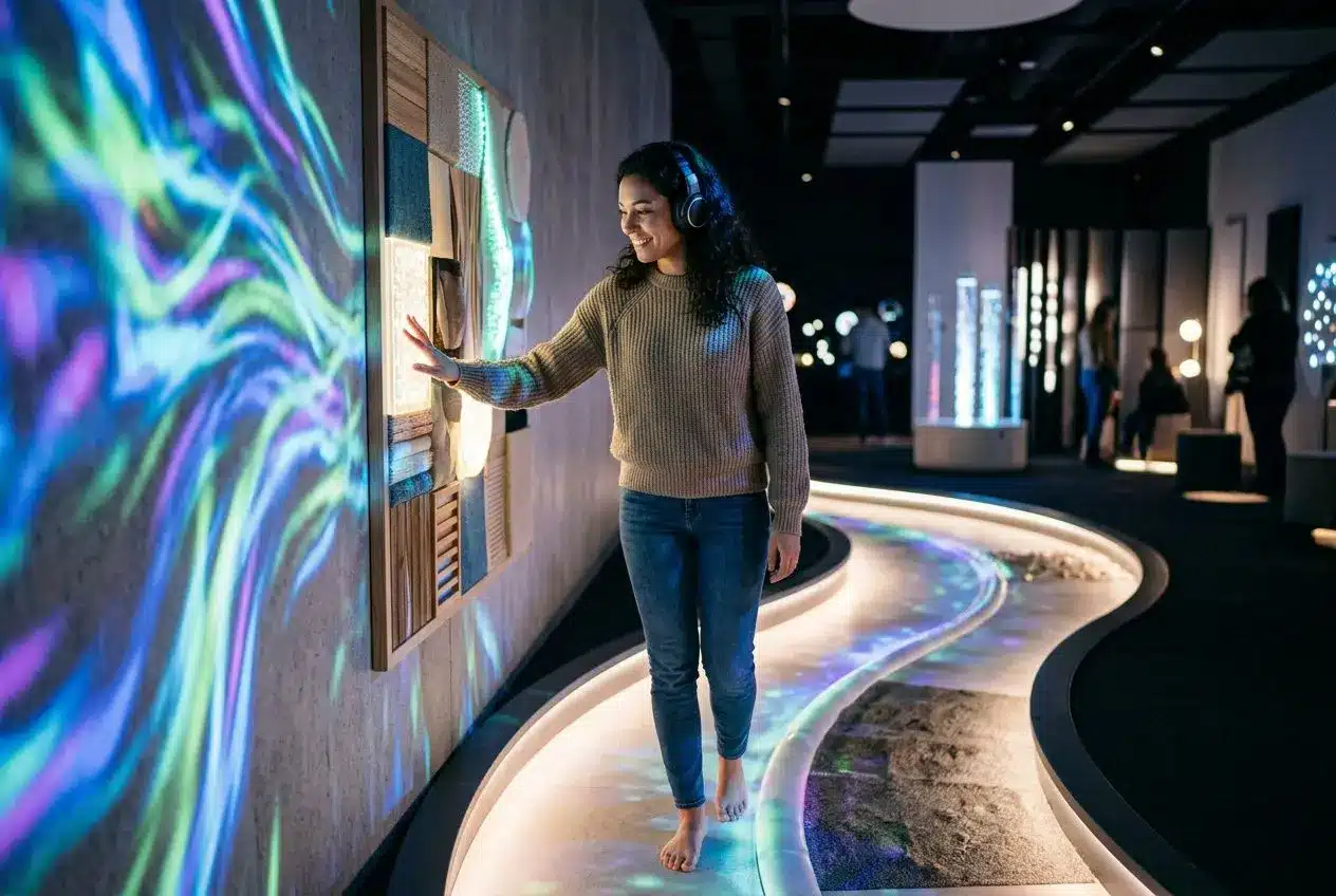 Jeune femme portant des écouteurs touche un panneau interactif dans une salle immersive lumineuse, exploration sensorielle et créativité. 4 piliers de la pnl.