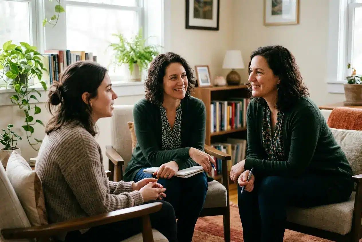 Trois femmes en séance en cabinet, échange chaleureusement autour d’un carnet, ambiance salon avec livres et plantes. alliance thérapeutique définition évoquée.