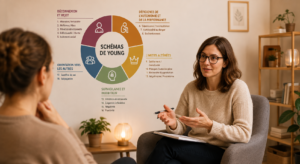 Thérapeute échangeant avec une patiente autour des schémas de Young lors d’une séance de thérapie