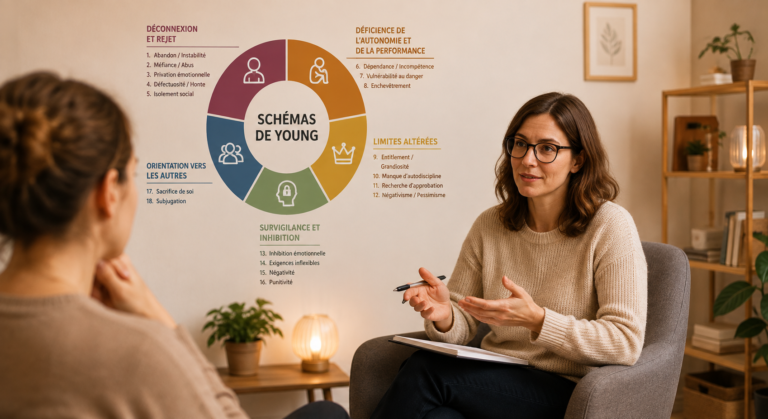 Thérapeute échangeant avec une patiente autour des schémas de Young lors d’une séance de thérapie